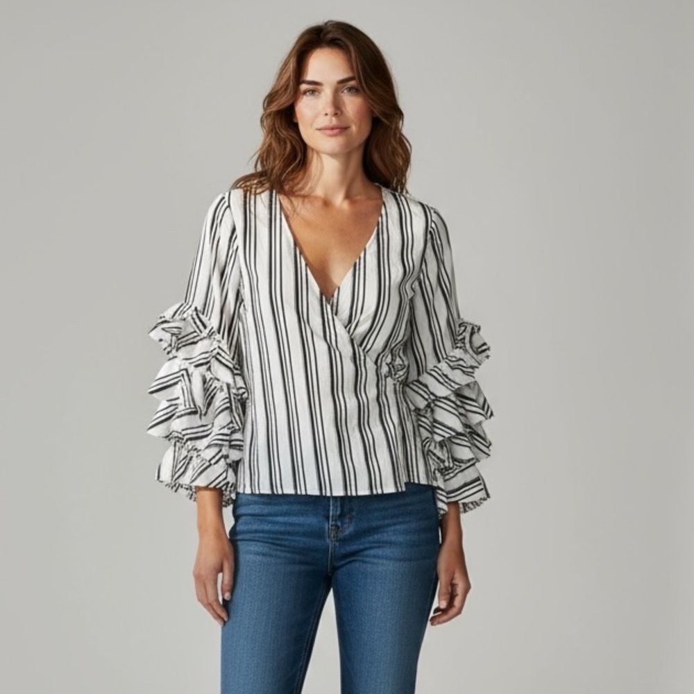 Caroline Constas Athena Ruffle Sleeve Wrap Blouse Size Medium Striped V Neck